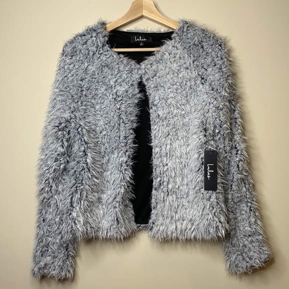 Lulus | NWT Grant Fuzzy Soft Teddy Faux Fur Gray Cardigan Top Jacket S - Picture 1 of 17